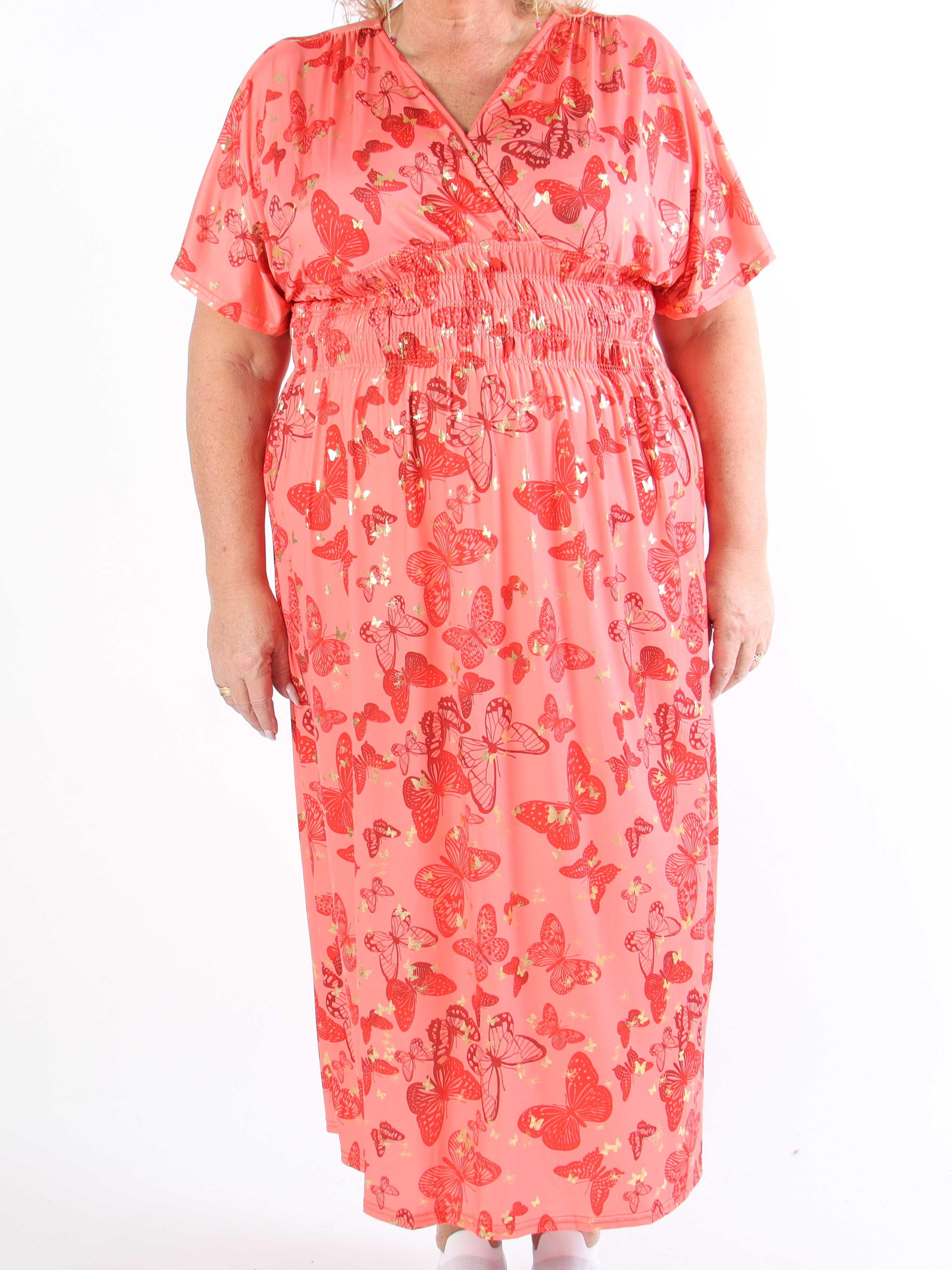 Pams Butterfly - Lång elastisk plus size-klänning med smockad midja